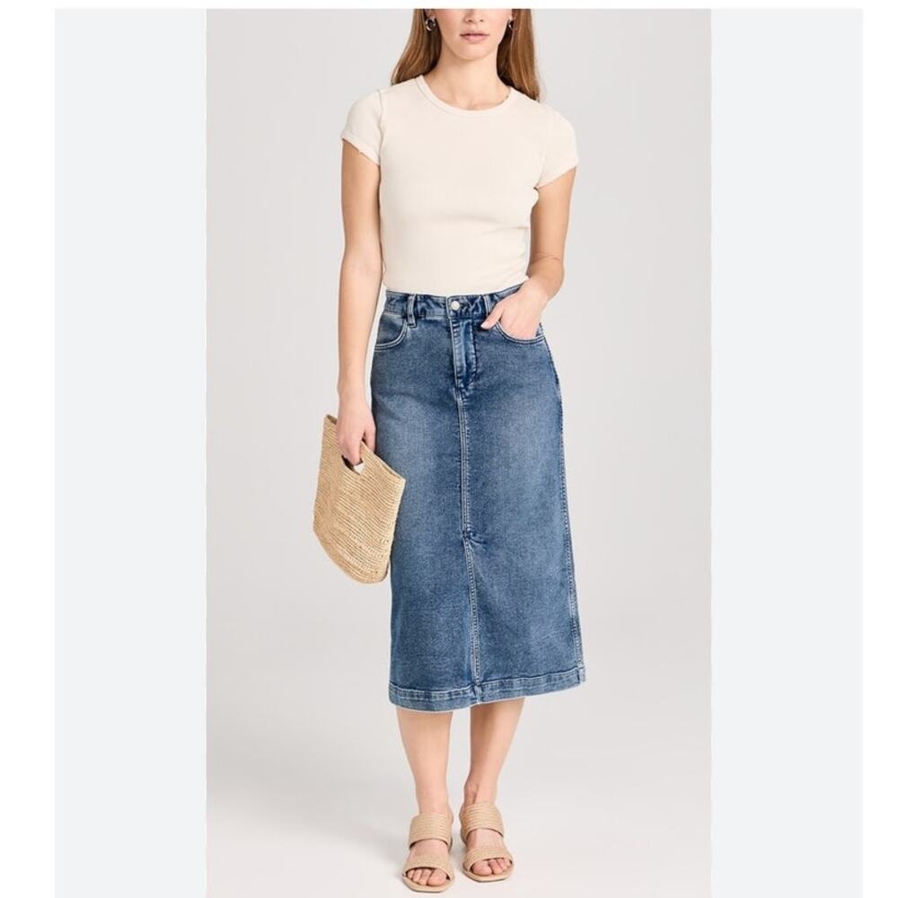 Faherty Stretch Terry Midi Denim Skirt Riverton Blue Front Slit Size 4